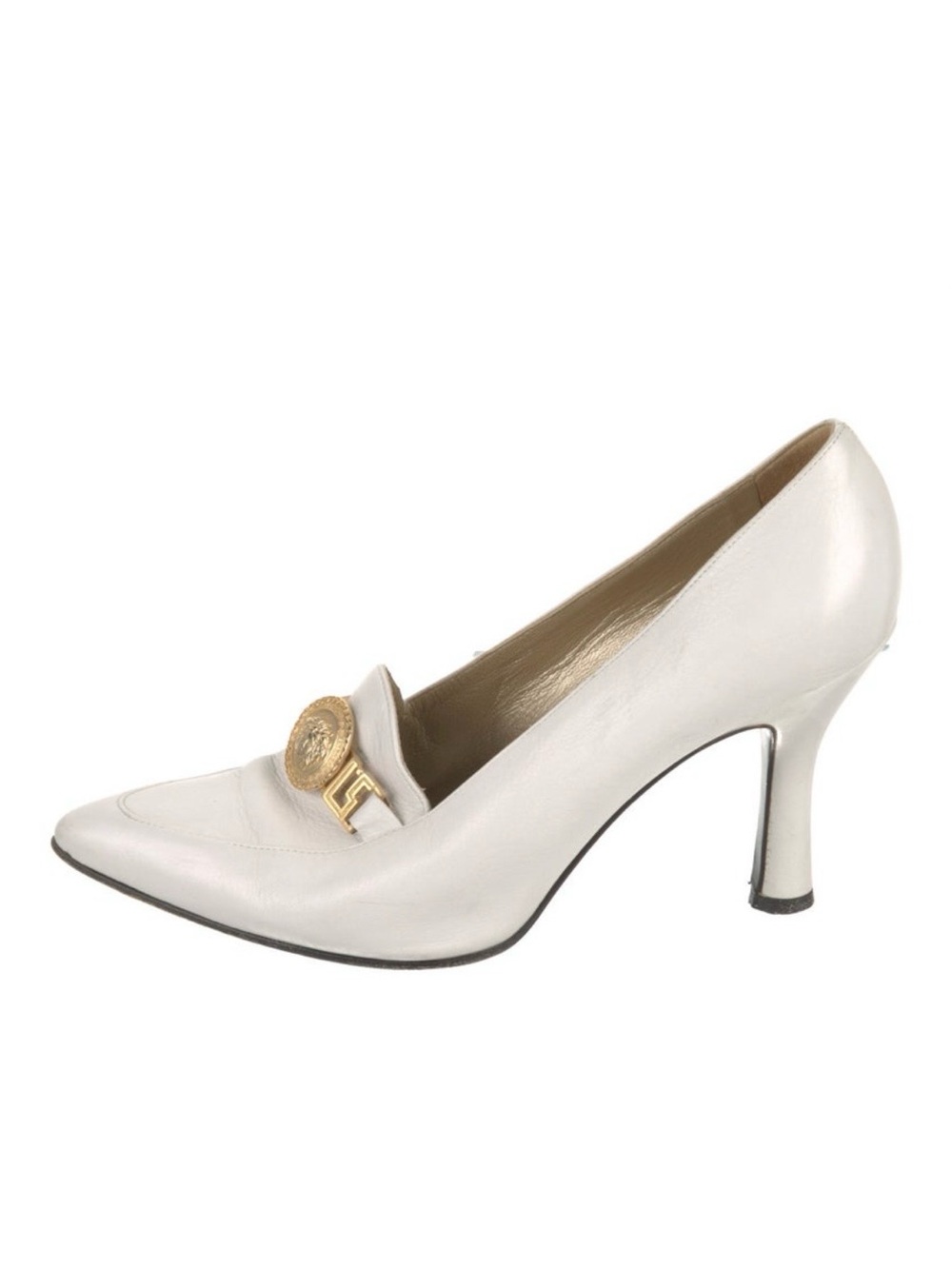 GIANNI VERSACE White Leather Pointed-Toe Pump with Gold Medusa Accent loafer